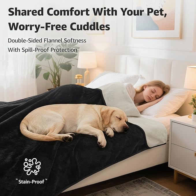 LOOBANI Waterproof Blanket for Bed: Reversible Soft Flannel King Size Bed Blanket 85" x 108", Waterproof Dog Blankets for Large Dogs, Spill-Proof Cover for Furniture Protection, Black & Beige