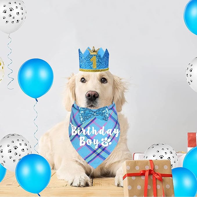 Dog Birthday Party Supplies, Multi Sizes Dog Birthday Bandana Boy Dog Birthday Hat Crown with Birthday Numbers Bow Tie for Medium Large Dogs Pets (Light Blue, Large)
