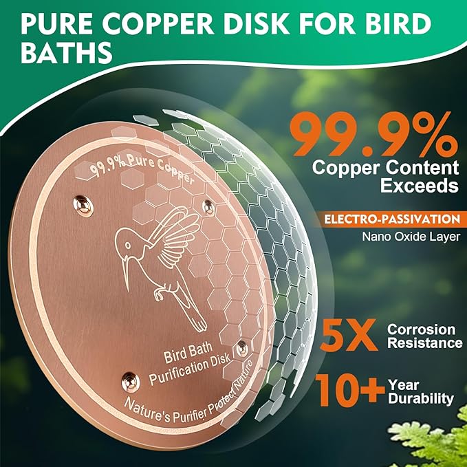 1 Pcs Copper Disc for Bird Bath | 99.99% Pure Copper Plate & Birdbath Disk | 0.6mm Thick Reinforced Design | Maintains Clean Water Naturally | Fits All Birdbath Bowls Year-Round (Bird Style 4)