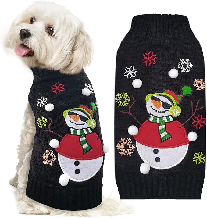 Christmas Dog Sweaters Xmas Pet Outfit Clothes Cute Black Snowman Costume Puppy Cat Knitted Jumpers (M,Black Snowman)