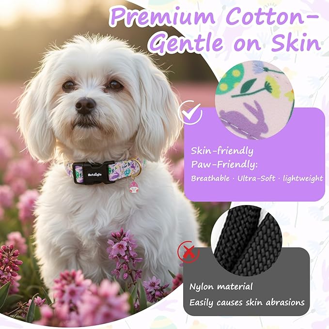 Easter Dog Collar, Spring Easter Egg Print Dog Collar with Purple Rabbit, Adjustable Cotton Puppy Collars Girl Boy Collar for Small Medium Large Dogs -L