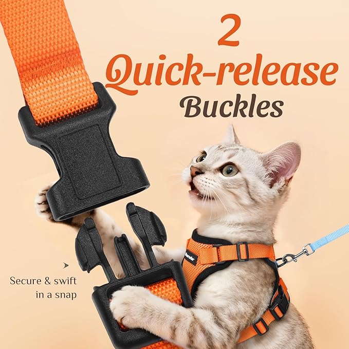 Dooradar Cat Harness and Leash Set, Escape Proof Safe Adjustable Kitten Vest Harnesses for Walking, Easy Control Soft Breathable Mesh Jacket with Reflective Strips for Cats, Orange, S