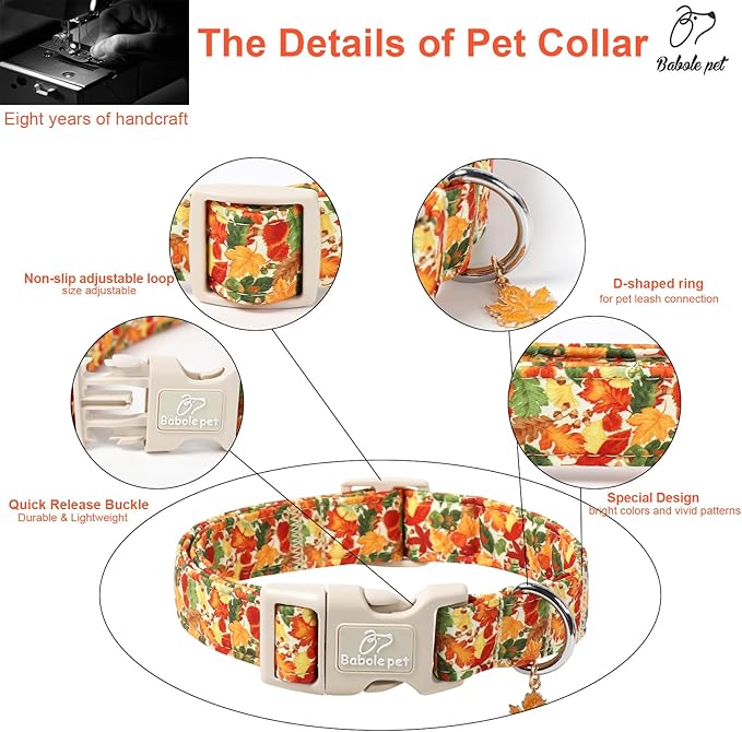 Fall Dog Collar Cute Autumn Leaves Puppy Collar - Light Comfortable Adjustable Pet Collars for Small Medium Large Girl Boy Dogs L