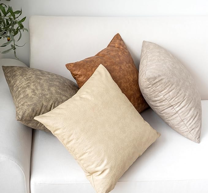 Pack of 4 Oversized Faux Leather Neutral Decorative Throw Pillow Covers 26x26 inch, Soft Modern Boho Luxury Waterproof Floor Cushion Cases, for Outdoor Lounge Sofa Couch Bed Home Decor