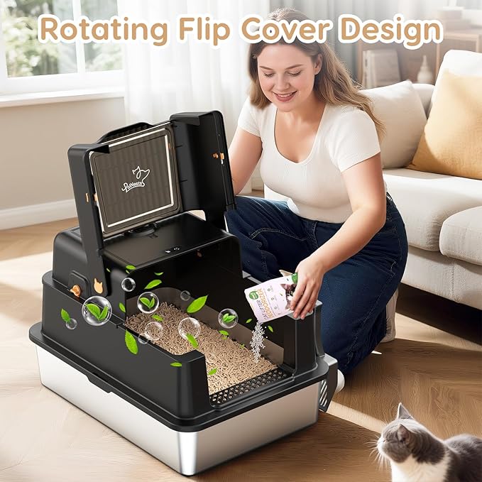L8 Ultra-XXXL Stainless Steel Litter Box with Smart Odor Control System, 28"L x 20.5"W x 17.4"H Large Cat Litter Box with Lid for Big Cats, High Sided Enclosure with Scoop & Mat, Anti-Leakage-Black