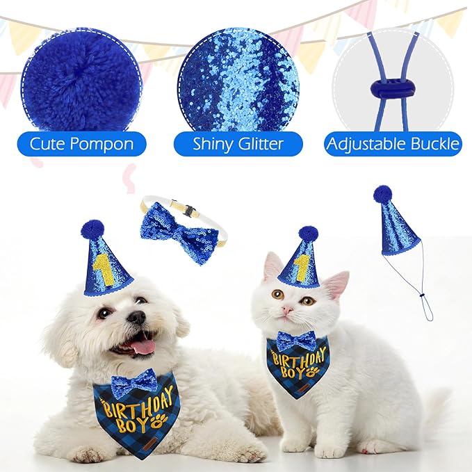 EXPAWLORER Dog Birthday Party Supplies - Dog Birthday Bandana Scarf and Party Hat with Numbers Boy Girl Pet Bow Tie, Cute Outfit for Small Medium Large Dogs (X-Large)