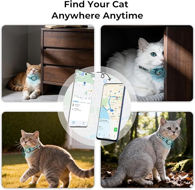 GPS Cat Tracker Collar(iOS & Android), Bluetooth Mini GPS Dog Tracker, Smart Pet Activity Tracker, No Monthly Fee, Work with Apple Find My & Google Find Hub, Finder Tag for Pets,Items Green 1 Pack