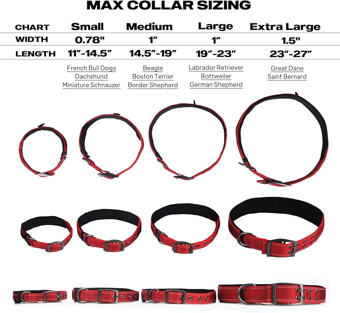 PetiFine Dog Collar with Metal Buckle, Heavy Duty Dog Collar with Soft Neoprene Padded, Adjustable Reflective Nylon Dog Collars for Small Medium Large Dogs, Red,S
