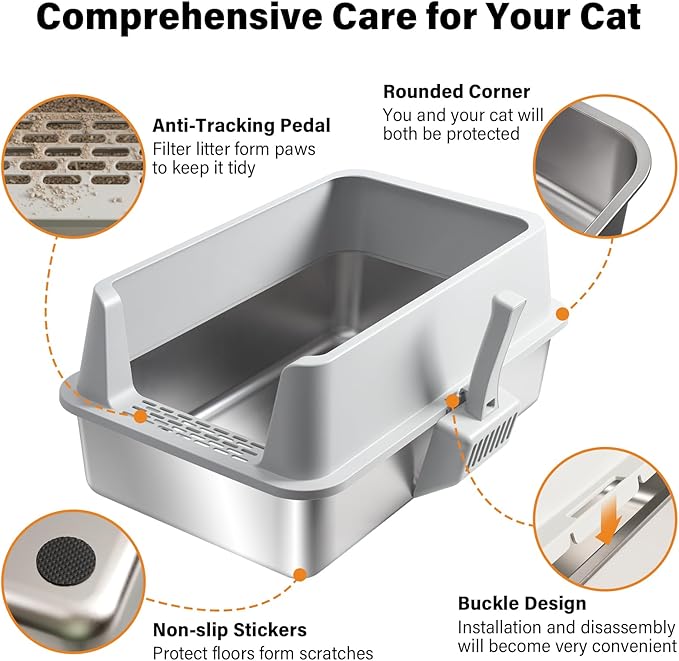 2 Pack Stainless Steel Litter Box,XL Metal Cat Litter Box with Lid High Sides,Extra Large Litter Box for Big Cats,Odor-Resistant, Scratch-Proof, Easy to Clean,Scoop &Mat Included