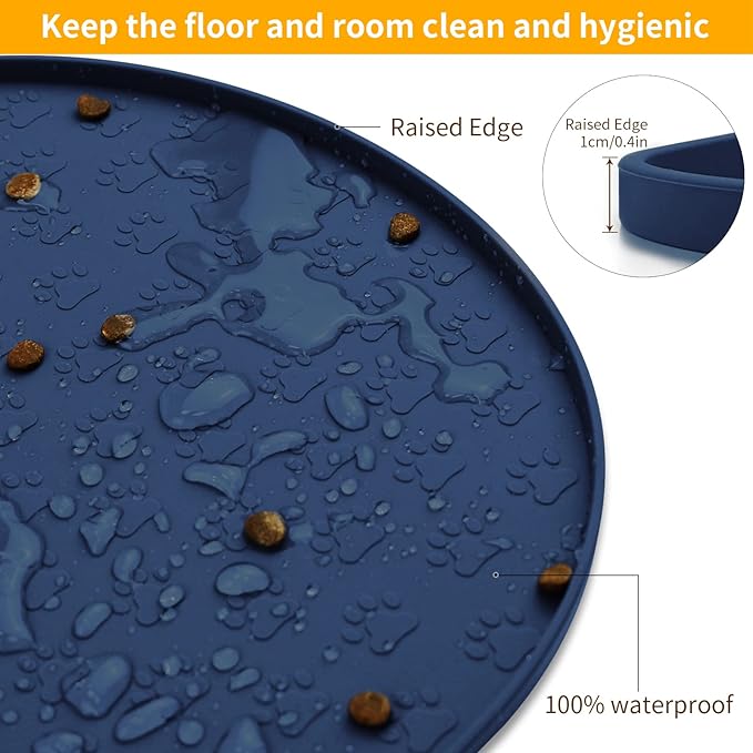 KPWACD Pet Feeding Mat for Dogs and Cats, Silicone Dog Placemat Non-Slip Waterproof Bowl Mats Prevent Food and Water Overflow, High-Lips Puppy Dish Tray Mat Suitable for Large Medium Small Pets, Navy