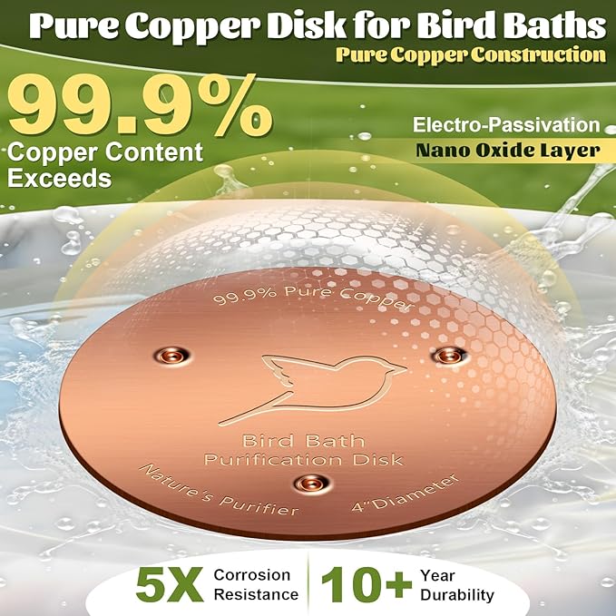 NNG 2 Pack Bird Bath Copper Disk,1mm Thick Reinforced 99.9% Pure Copper Bird Bath Purification Disk with Triple-Point Support,Physical Safe Water Cleaner for Outdoor Birdbaths Bowls,All-Season Use