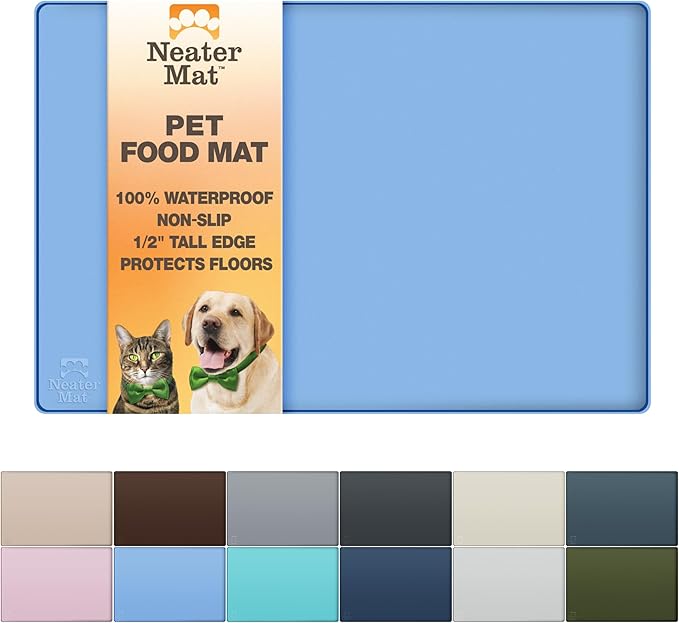 Neater Pet Brands Neater Mat Pet Mats for Food and Water, Cat & Dog Bowl Mat Waterproof Silicone, Feeding Tray, Dog Food Mats for Floors, Placemat w/Raised Edge for Under Bowls, 16” x 10”, Light Blue