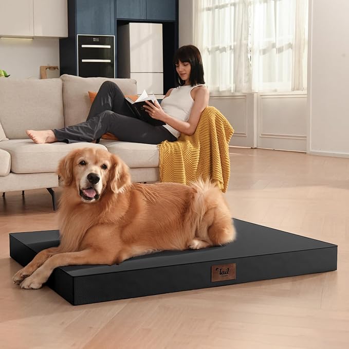 Outdoor Dog Bed for Small Dogs & Cats, Waterproof Dog Crate Mat Orthopedic Egg Crate Foam with Washable Removable Oxford Cover, Black