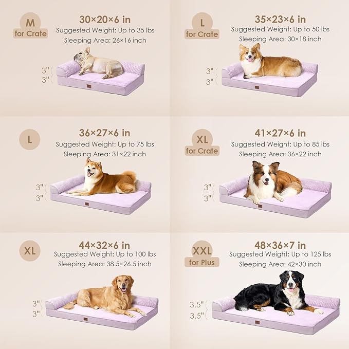 EHEYCIGA Memory Foam Dog Bed Large Size Dogs, Orthopedic Dog Bed Large with Washable Removable Cover, Waterproof Pet Sofa Couch with Nonskid Bottom, 36x27x6, Lilac