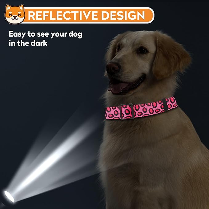 Reflective Dog Collar, Adjustable Soft Neoprene Padded Nylon Pet Collars with Buckle for Puppy and Small Dogs, Cats, Leopard Pink,L