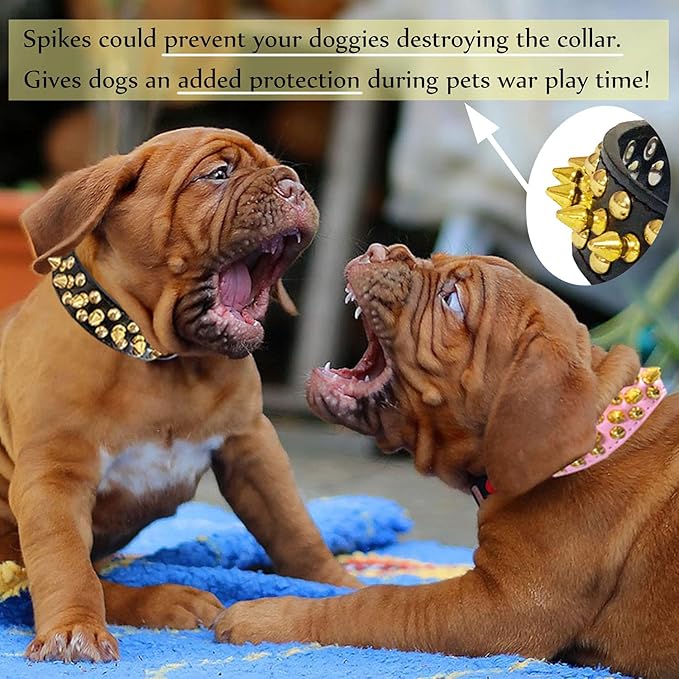 TEEMERRYCA Black Leather Dog Collar with Gold Spikes for Small Medium Large Pets,Pit Bulls/Bulldog, Keep Dog Safe from Grabbing by Huge Dogs,XL(17.7"-20.5")