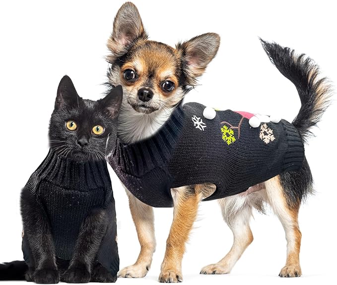 Christmas Dog Sweaters Xmas Pet Outfit Clothes Cute Black Snowman Costume Puppy Cat Knitted Jumpers (XL,Black Snowman)