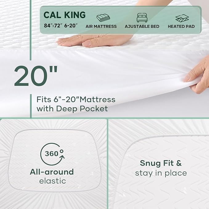 OhGeni 100% Waterproof Mattress Protector,California King Mattress Soft Pad,Pet Hair & Bedwetting Resistant,Cooling Fitted Sheets,Washable Bed Cover,Non-Slip Deep Pocket,Noiseless for Taller Person