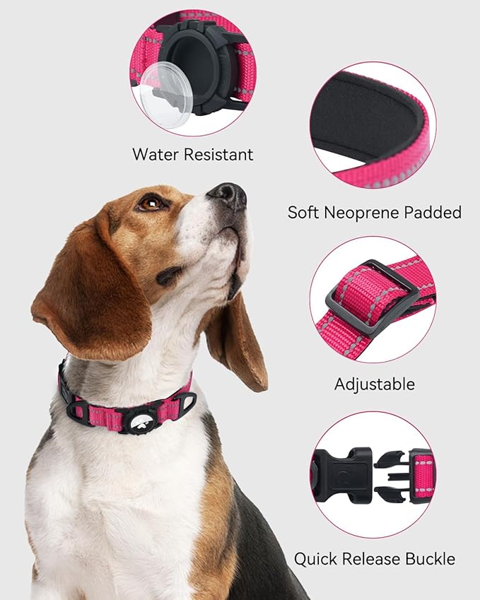Joytale Airtag Dog Collar, Reflective Pet Collar with Waterproof AirTag Holder, Dual D-Rings, Soft Padded Adjustable for Medium Dogs, Hotpink, M