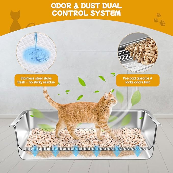 23.6''x15.7''x8'' Stainless Steel Sifting Litter Box, XXL Large Metal Sifting Cat Litter Box for Pine Pellets, Litter Pan Tray System for Indoor Cats with Scoop and Pee Pad, Easy to Clean(8 Inch)
