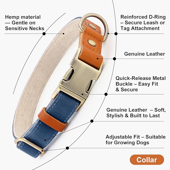 Plutus Pet Genuine Leather & Hemp Dog Collar – Adjustable Heavy Duty Pet Collar with Quick Release Metal Buckle, Soft & Stylish for Puppy and Small, Medium, Large Dogs (Royal Blue, L)
