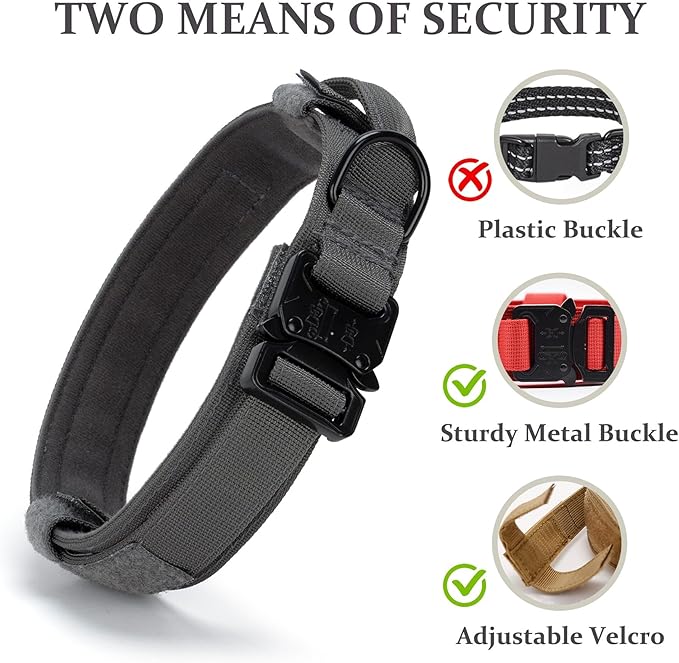 Tactical Dog Collar, Adjustable Military Training Nylon Dog Collar with Control Handle and Heavy Quick-Release Metal Buckle for Small Medium Large Dogs, Grey M
