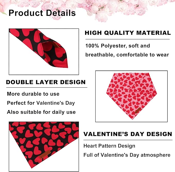 ADOGGYGO Valentine Dog Bandana 2 Pack, Reversible Red Pink Heart Pet Scarf Bib, Adjustable Fit Valentine Bandanas for Extra Large Dogs (X-Large)