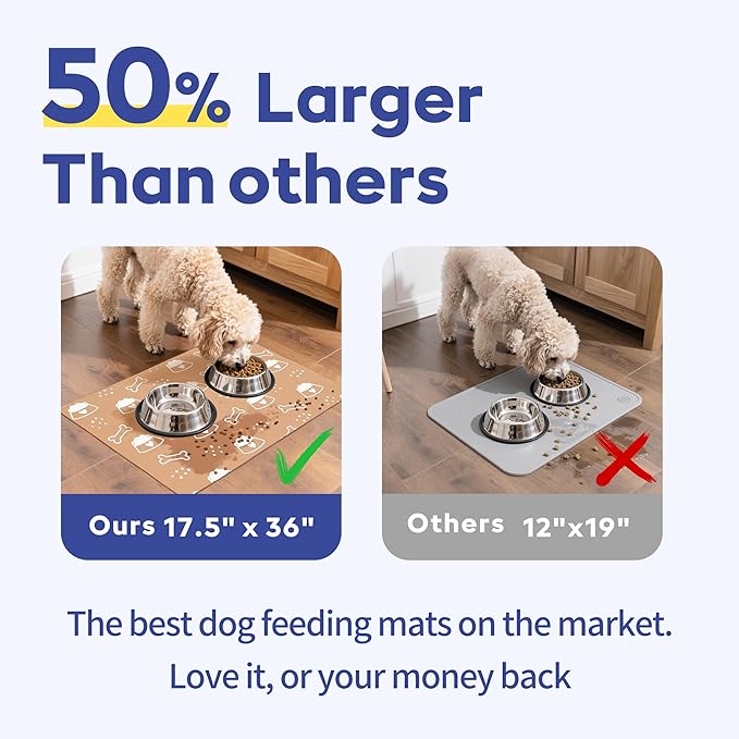 Cooyes Large Dog & Cat Food Mat 17.5"×36", Ultra-Absorbent Dog Bowl Mat for Food and Water, Pet Feeding Mat with Non-Slip Rubber Back, Pet Placemats with Water-Locking Bottom That Protects Floors