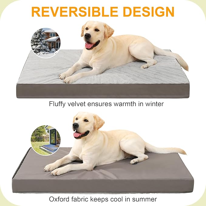 KSIIA Orthopedic Dog Bed - Waterproof, Large Size, Plush, Washable, Egg Crate Foam, Removable Cover, Non-Slip Bottom, 44 x 32 Inch, Gray