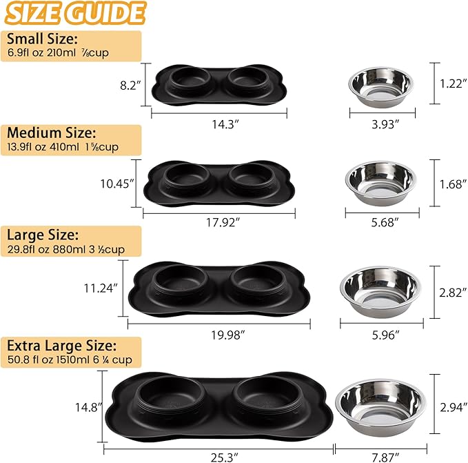 Hubulk Pet Dog Bowls 2 Stainless Steel Dog Bowl with No Spill Non-Skid Silicone Mat + Pet Food Scoop Water and Food Feeder Bowls for Feeding Small Medium Large Dogs Cats Puppies (M, Black)