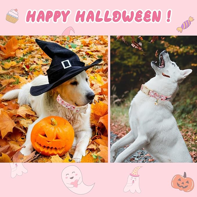 Halloween Dog Collar, Fall Dog Collars for Medium Dogs, Cute Pink Puppy Collar with Adorable Ghost & Pumpkin Design, Soft Cotton Medium Dog Collars Girl Boy Dog Collar-M
