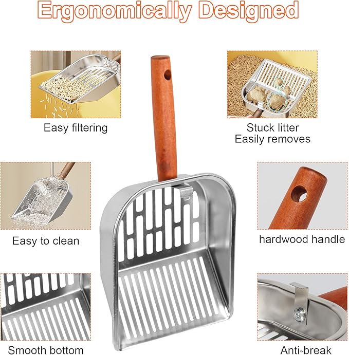 Stainless Steel Cat Litter Scoop with Holder, Kitty Poop Scooper Stand for Litter Box, Fast Sifting Non-Stick Cat Poop Scooper with Coarse and Fine Grids for All Litter Pan, Gray