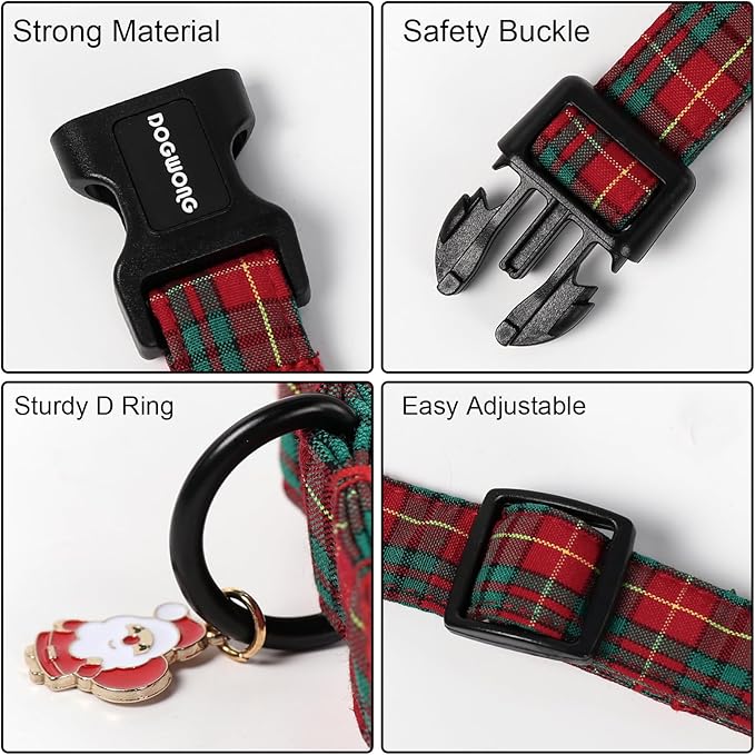 DOGWONG Christmas Plaid Dog Collar, Cute Adjustable Red Tartan Collar, Scottish Red Grid Dog Collar with Strong Plastic Buckle for Small Medium Large Dogs,L