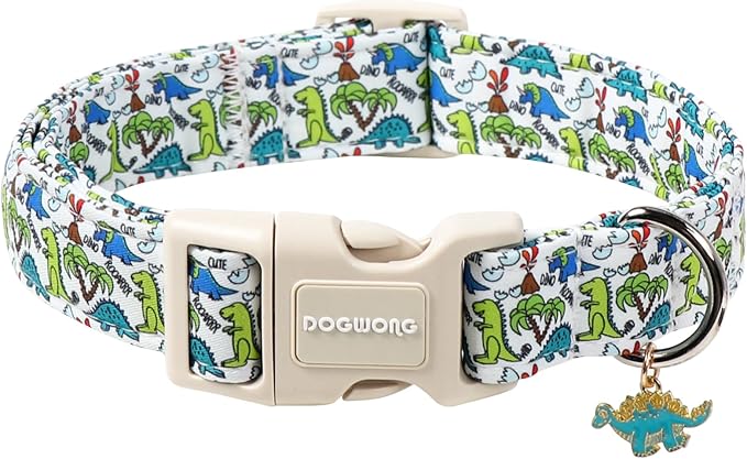DOGWONG Dinosaur Dog Collar-Cute Green Dinosaur Dog Collar for Small Dogs, Adjustable Comfortable Cotton Boy Dog Collars for Small Medium Large Dogs,S