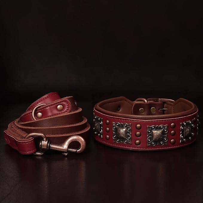 PET ARTIST Upgrade Padded Leather Dog Collar, 2 inch Wide Genuine Leather Dog Collars with Strong Studded Rivet & Metal Buckle, Adjustable Large Dog Collar for Pit Bull Doberman,Red,Neck 19-22"