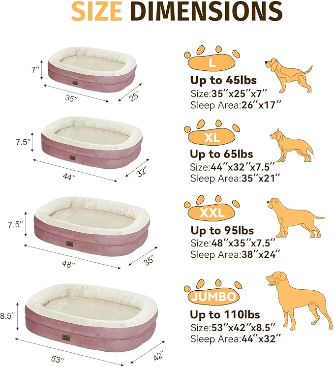 Orthopedic Waterproof Large Dog Bed: Memory Foam Washable Dog Bed with Bolsters - XL Removable Washable Cover for Medium Large Sized Pet - Non-Slip Bottom - Pink