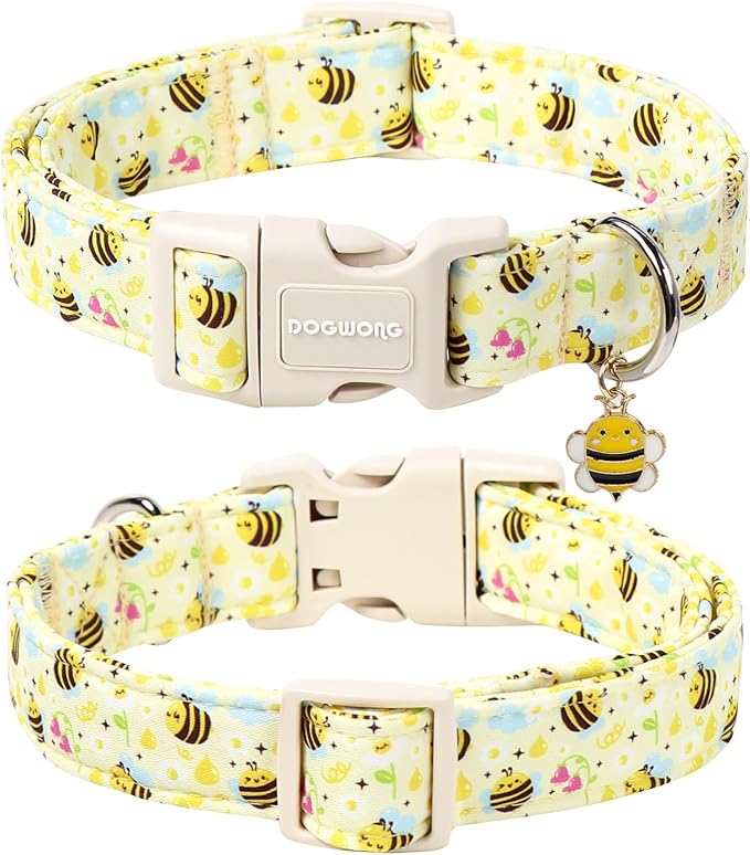 DOGWONG Spring Summer Dog Collar- Bee Flower Dog Collar, Adjustable Soft Girl Boy Dog Collar for Small Medium Large Dogs, XL