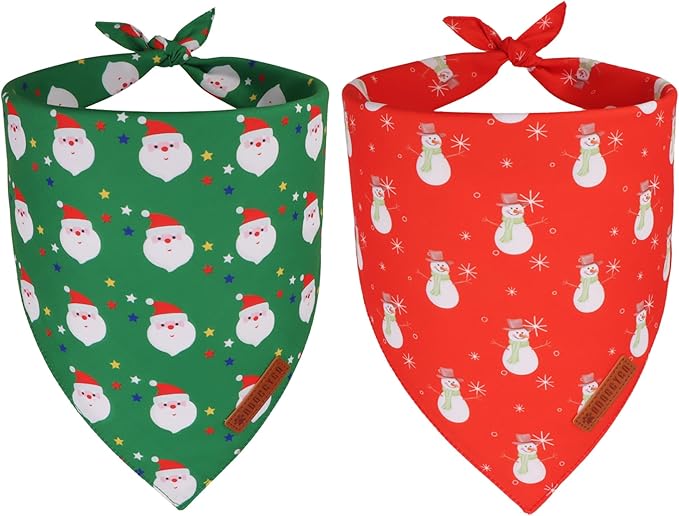 ADOGGYGO Christmas Dog Bandanas 2 Pack, Reversible Santa Snowman Xmas Pet Scarf Bib, Adjustable Fit Red Green Christmas Bandana for Small Dogs (Small)
