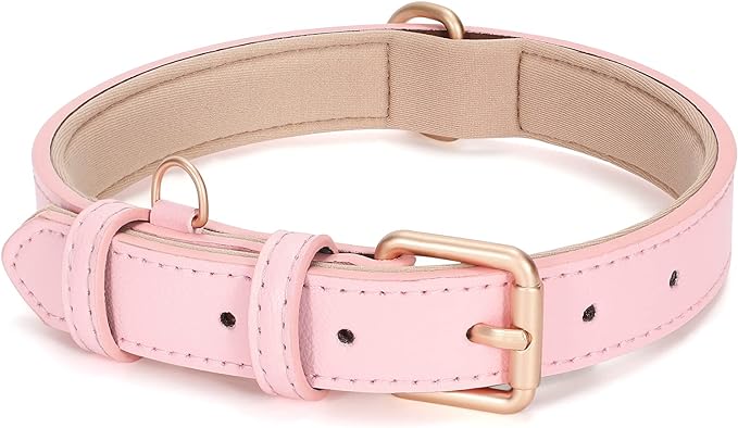 WHIPPY Leather Dog Collar for Small Medium Large Dog Adjustable Soft Breathable Leather Padded Puppy Collar with Alloy Buckle Heavy Duty Waterproof Classic Dog Pet Collar,Pink,L