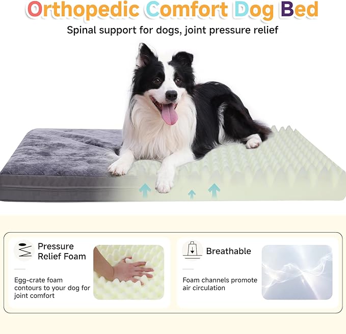 XXL Dog Bed for Large Dogs, Waterproof XXL Dog Crate Pad with Orthopedic Egg Crate Foam Reversible & Washable Cover, Egg Crate Foam, Anti-Slip, 47" x 29", Gray