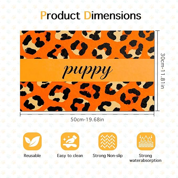 Puppy Feeding Mat 20x12 inch Orange Leopard Print Dog Bowl Placemat Non Slip Mat for Pet Food and Water Small Dog Food Area Indoor Puppy Feeding Station Pet Meal Mats for Kitchen