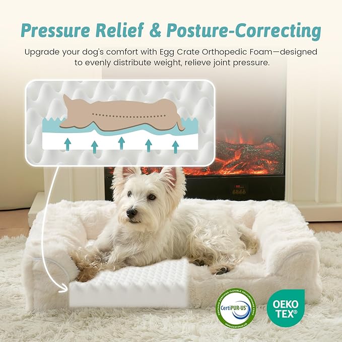 Faux Fur Orthopedic Dog Bed, Extra Large Dog Bed, Supportive Foam Pet Sofa with Waterproof Lining Cover, Washable U-Shaped Pet Couch with Anti-Slip Bottom Design, Beige XXL 48x32x8 inch