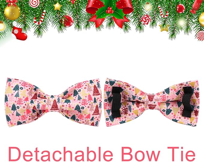 Christmas Dog Collar with Bow Tie, Pink Christmas Tree Collars for Dogs, Adjustable Pet Collar with Cute Xmas Tree Pendant, Winter Dog Accessories for Small Medium Large Dogs L