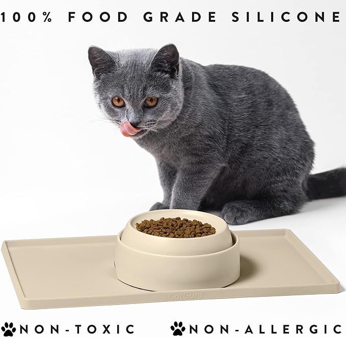 CatGuru Cat Food Mat, Small & Large Pet Feedingd Mat, 100% Waterproof Cat Mats for Food and Water, Silicone Mats for Pet Bowls, Non-Slip Placemat for Water Bowl or Fountain (Small, Sand)