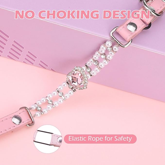 EXPAWLORER Cat Collar Leather with Bell and Safety Elastic Belt,Personalized Rhinestones Bling Adjustable Collars for Cats Kitty and Small Dogs,Pearl cat Collar Pink (Pearl)