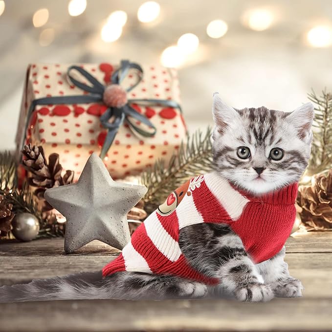 Dog Christmas Sweater Cute Striped Reindeer Xmas Pet Clothes Holiday Puppy Cat Costume New Year Gifts for Small Medium Large Dogs Jumpers (M, Red White Stripe Reindeer)