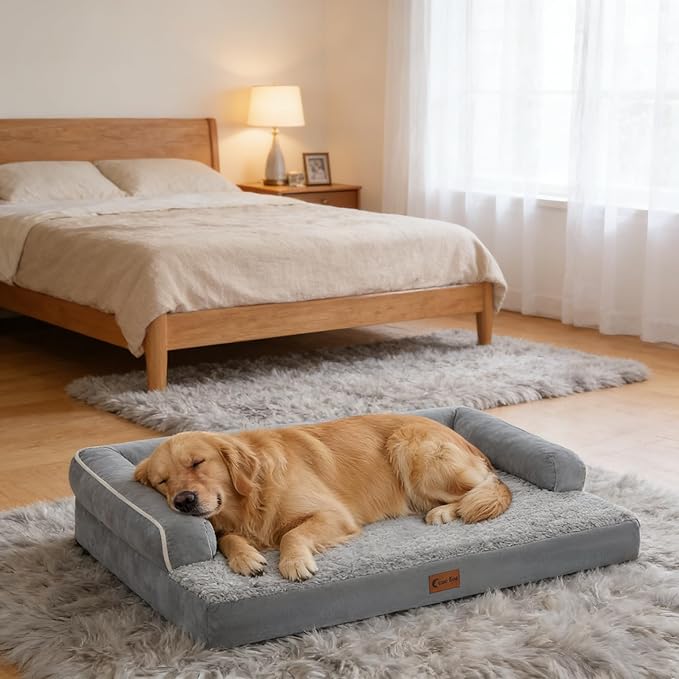Orthopedic Dog Beds for Extra Large Dogs, Waterproof Egg Crate Foam XL Dog Bed with Sides 41x27Inch, Washable Big Dogs Couch Beds with Removable Cover and Nonskid Bottom, Grey