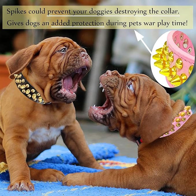 TEEMERRYCA Pink Leather Gold Spiked Studded Dog Collar for Female Puppy Small Medium Large Pets, Pit Bulls Bulldog, Keep Dog Safe from Grabbing by Huge Dogs, XXL 19.7"-22.4"
