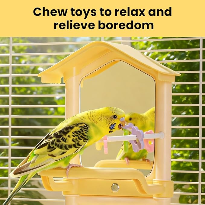 8.1 Inch Pet Bird Mirror with Perch Stand and Parakeet Chew Toys,Parrot Toys Bird Cage Decorative Accessory, Helps Birds Release Stress for Canaries Budgies Lovebirds Conures Cockatiels (Brown)