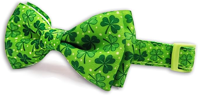 St. Patrick's Day Dog Collar with Bow Tie Set, Green Shamrock Clover Pattern Pet Collar, Adjustable Lucky Irish Holiday Neckwear for Small, Medium, and Large Dogs